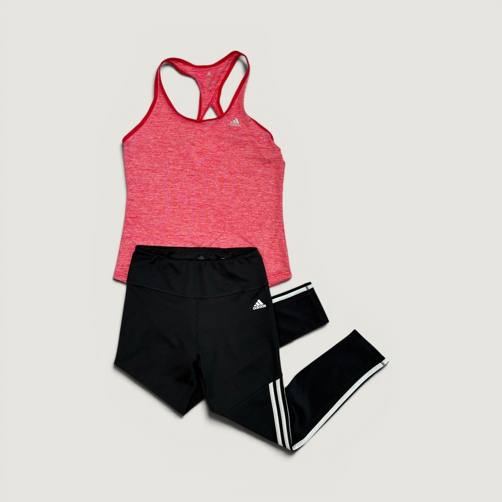 Adidas bundle Activewear Set Women M Red Heathered Tank Black 3 Stripe Leggings